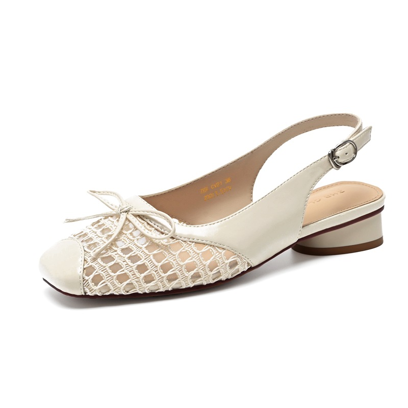 Sandal nữ mũi tròn quai ngang nơ bướm cổ điển, gót thấp thoáng khí — CV21 Bạc