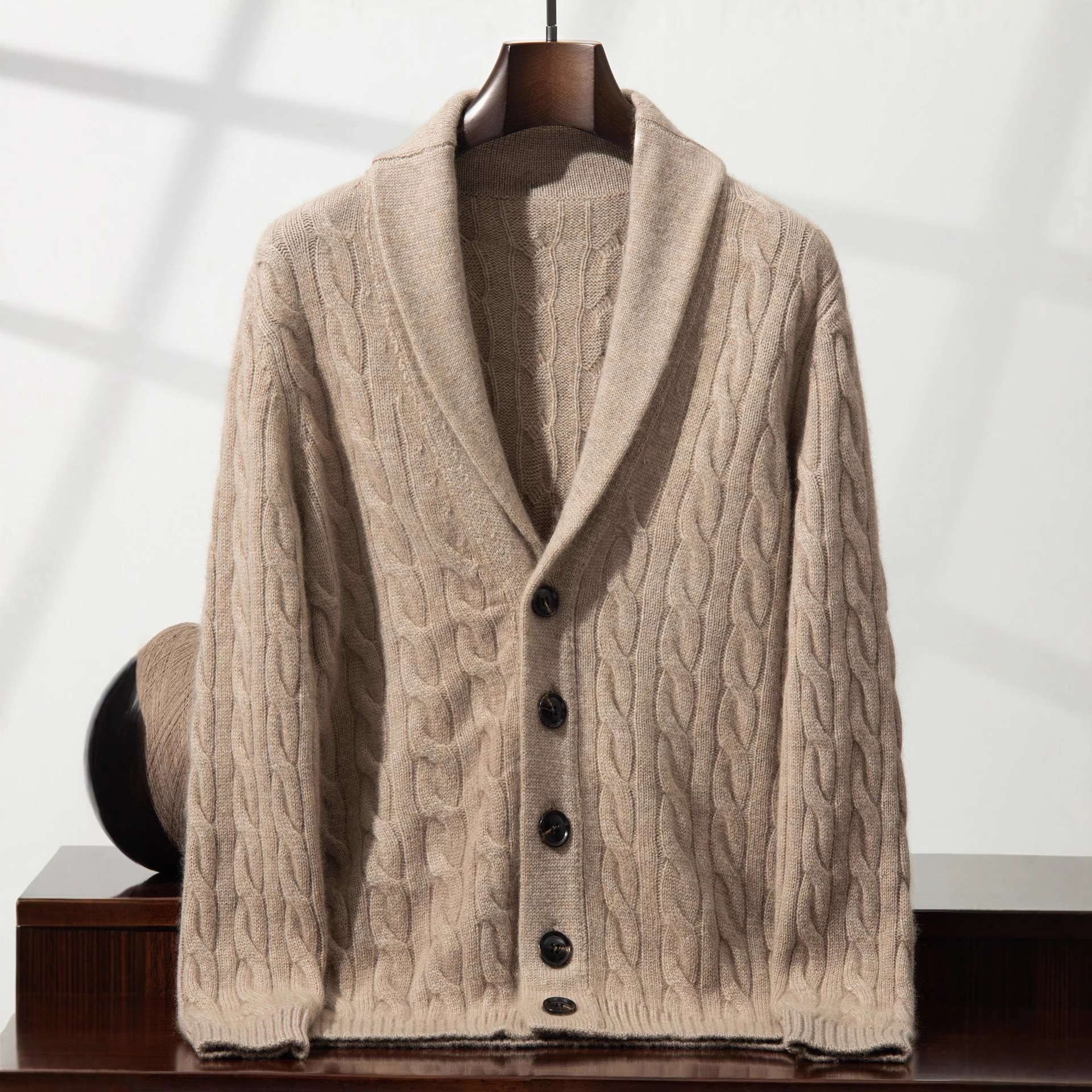 New 100% Pure Cashmere Cardigan Men's Jacket Green Fruit Collar Thickeneded Twisted Casual Loose Outer Knitted Sweater