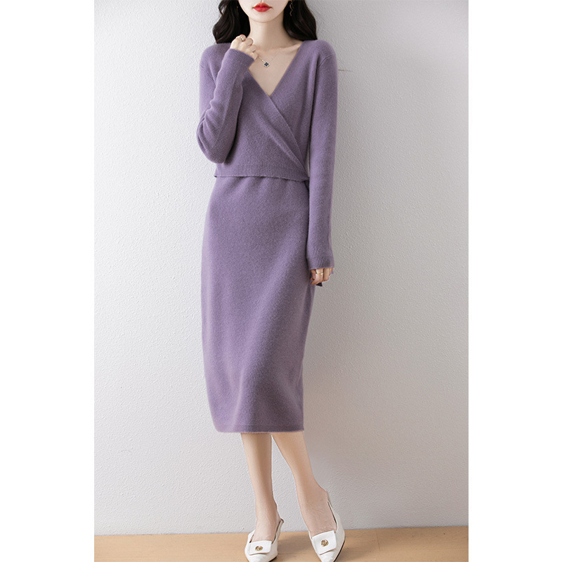 Wool dress Women's Kimono Collar Knitted Sweater Dress Long Slim-fit Hip Skirt Fashionable All-match Knee-length Skirt