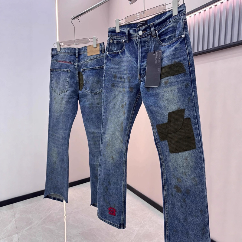 Erd Melancholic Rich Second Generation Destroys Corduroy Patch Splash Ink Embroidered Washed Blue Jeans Party Pants
