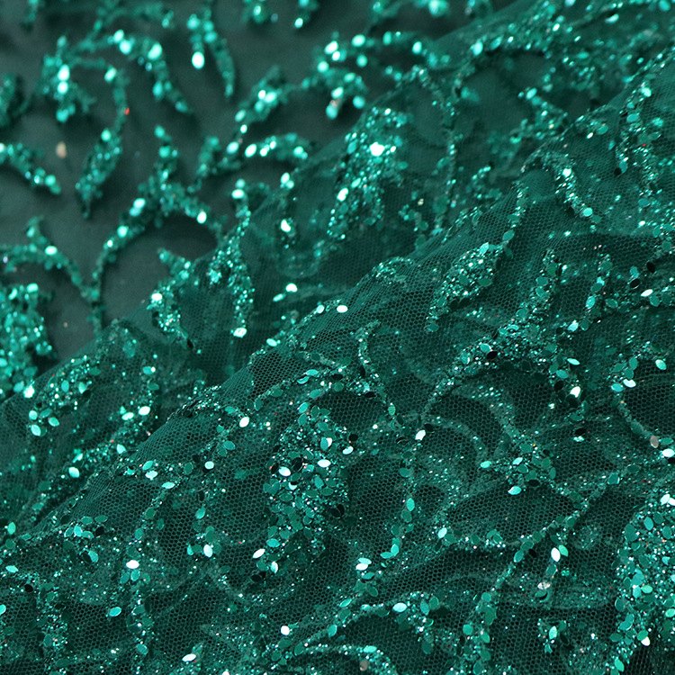 2024 nueva línea verde espumante sequinilla pulverización de oro polvo de malla tela de vestido de boda