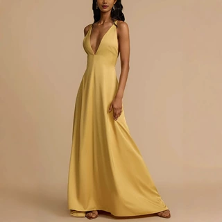 跨境女装爆款亚马逊欧美性感气质大露背v领缎面长款连衣裙批发价
