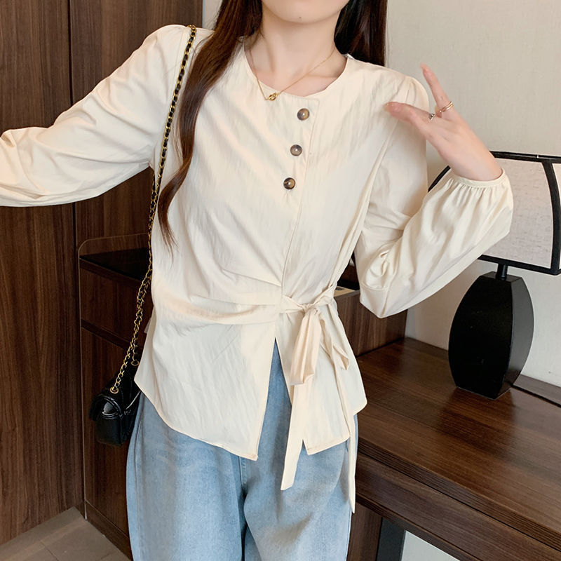 女装秋装新款2025法式新品感不规则衬衫褶皱绑带休闲上衣黑色白色|undefined