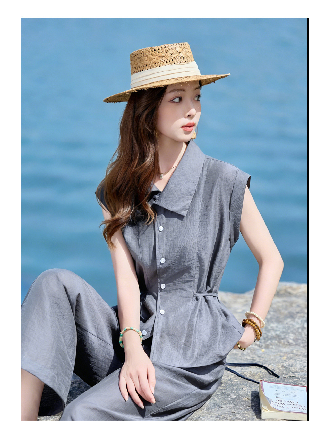Bộ hai mảnh sơ mi phối quần ống rộng phong cách Pháp cổ điển, thiết kế thanh lịch, tôn dáng — Xanh lông mòng đen, màu xám chi tiết 20