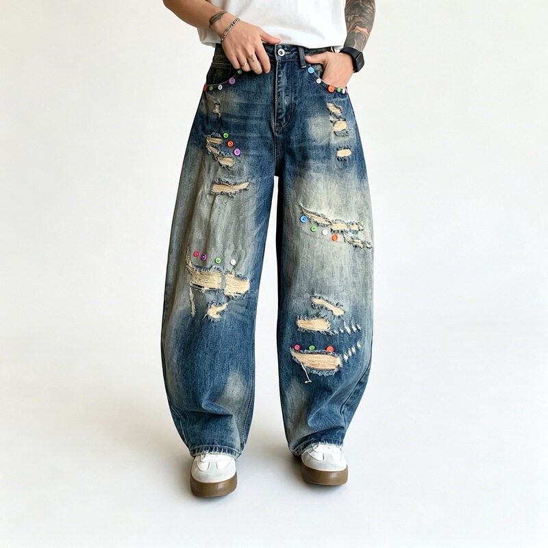 New style yellow mud-washed ripped wide-leg men's jeans with colorful rivets, frayed edges, loose fit, floor-length, couple's pants