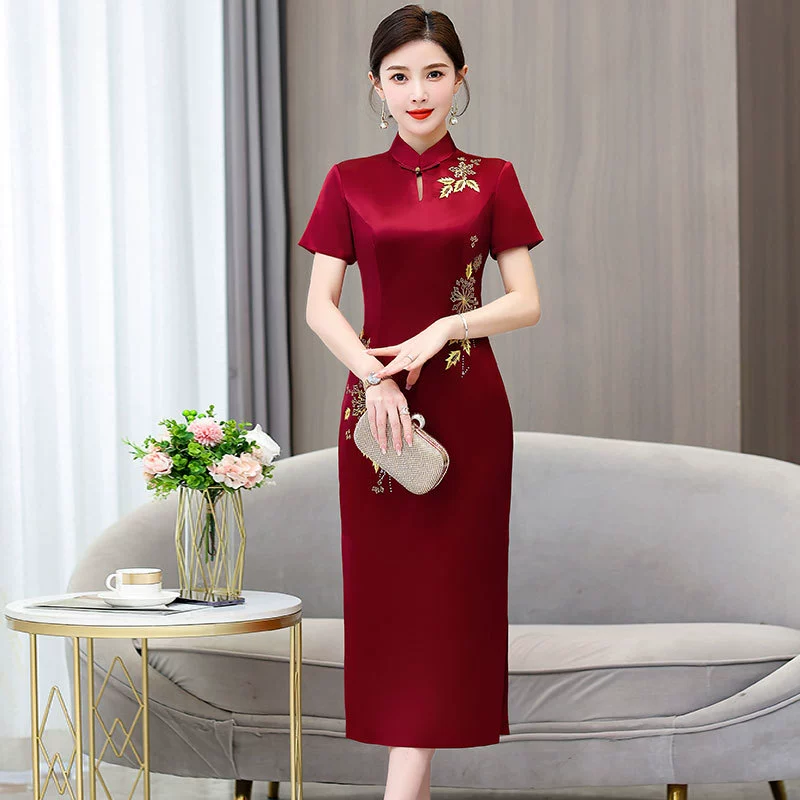 Китайский Ретро Вышитые Cheongsam Счастливая Мать Свадебное Платье Счастливая мать-в-законе платье винно-красный Мода Молодая Короткая