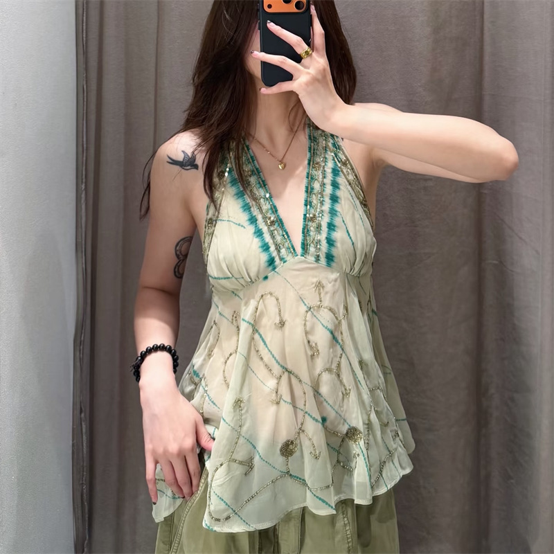 Foreign Trade Wholesale Women's Clothing 2026 ZA Series Printed Semi-Transparent Halter Neck Spicy Girl Tank Top 7521027