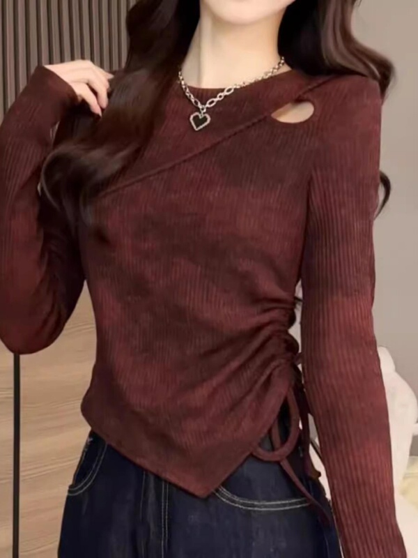 设计感小镂空扎染长袖针织衫女秋季大码胖mm修身显瘦洋气打底上衣|undefined