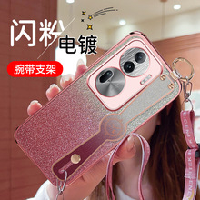 适用oppoReno14电镀闪粉腕带手机壳realme13斜跨挂绳C55防摔套C67