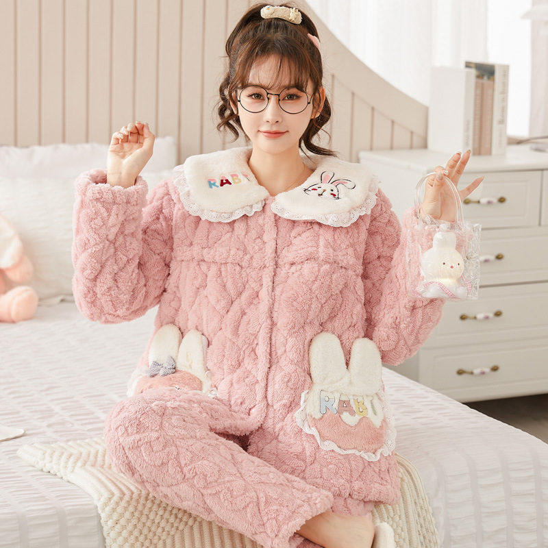 2025년형 긴털 플러시 겨울용 삼중 누빔 임산부용 두꺼운 산호벨벳 자카드 임산부복 잠옷 여성 수유복