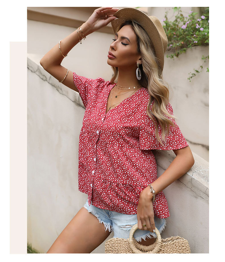 verano nueva camisa de volantes con cuello en v floral de gasa de manga corta suelta NSYYF61500