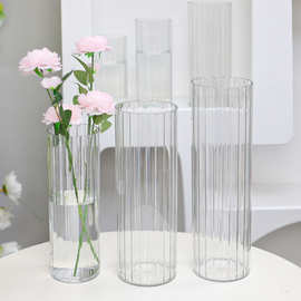 北欧风亚克力PC透明竖条纹直桶鲜花束水培养花桶客厅插花摆件批发