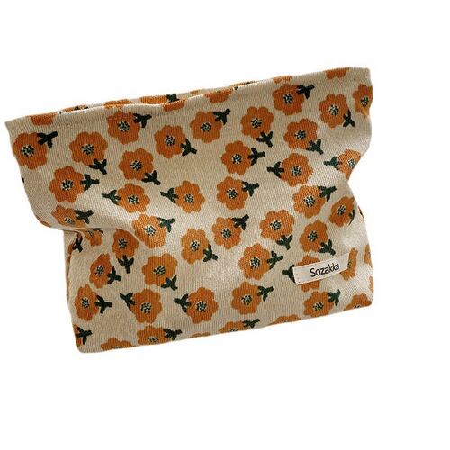 Leather embossed camellia makeup bag, portable, hand-held, women's minimalist daily coin purse, Japanese literary storage bag