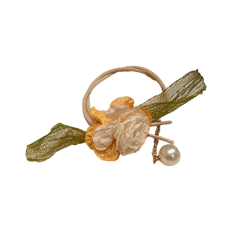 Gentle Fabric Camellia Flower Pearl Hair Rope Mori Style Pastoral Style Hair Tie Hair Rubber Tendon Hair Ring Sweet Elegant Hair Accessories for Women