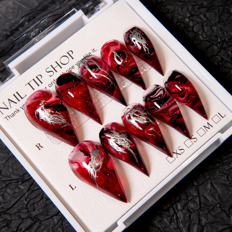 Halloween European and American Dark Style Hot Girl Wine Red Gradient Dragon Claw Nails with Silver Lines Handmade Finished Nail Pieces Halloween European and American Dark Style Hot Girl Wine Red Gradient Dragon Claw Nails with Silver Lines Handmade Finished Nail Pieces
