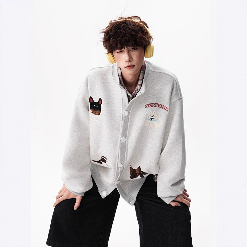 American-Style Fun Towel Embroidery Lazy Sweatshirt Cardigan for Men, Winter Fleece Thickened Couple's Loose Baseball Jacket Trendy