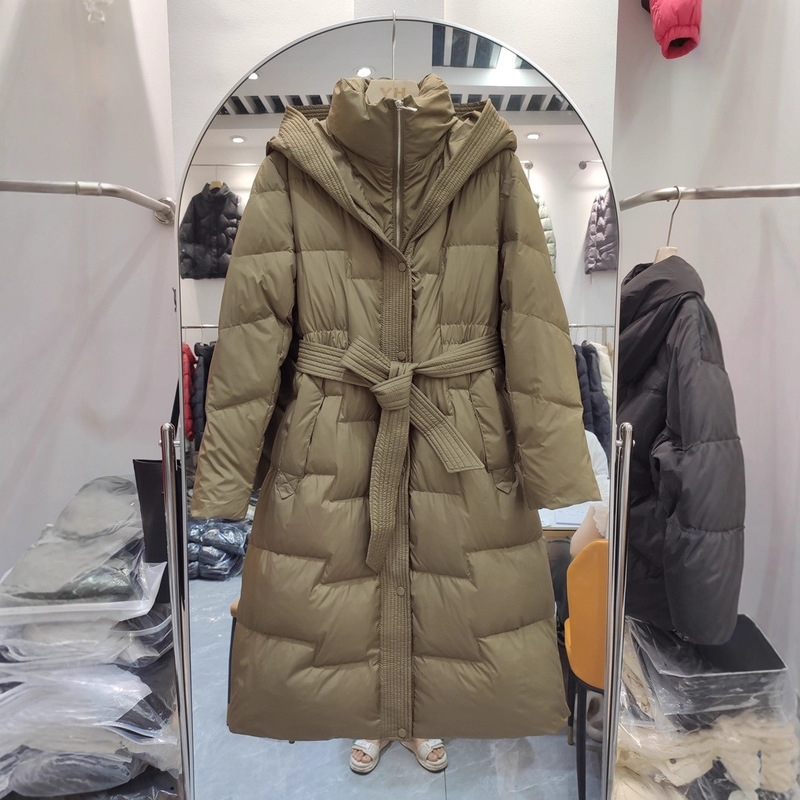 2024 New Winter Style White Duck down Waist Tie over the Knee Slimming Look Fashion Hooded Mid-Length down Jacket for Women 2024 New Winter Style White Duck down Waist Tie over the Knee Slimming Look Fashion Hooded Mid-Length down Jacket for Women