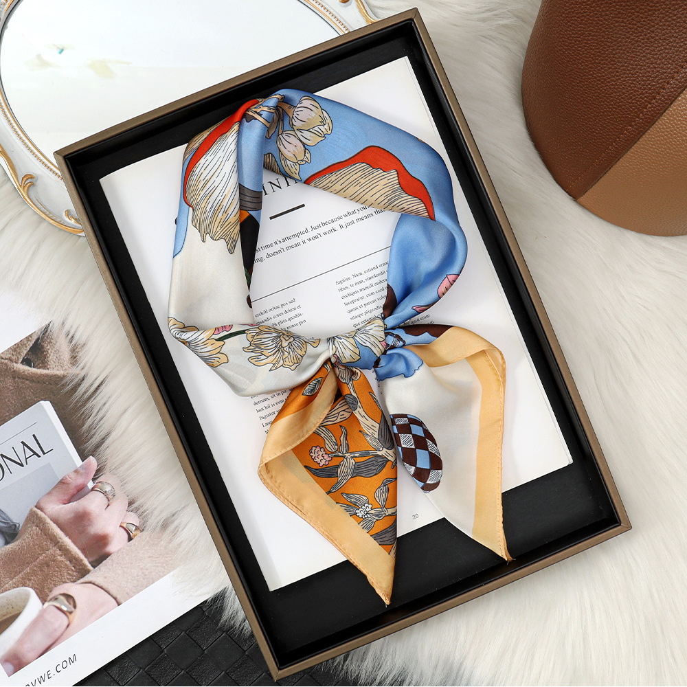 Pañuelo de seda de imitación a cuadros retro 70, babero floral de moda de nicho, chal, bolso de mujer, pañuelo de seda, regalo de mano