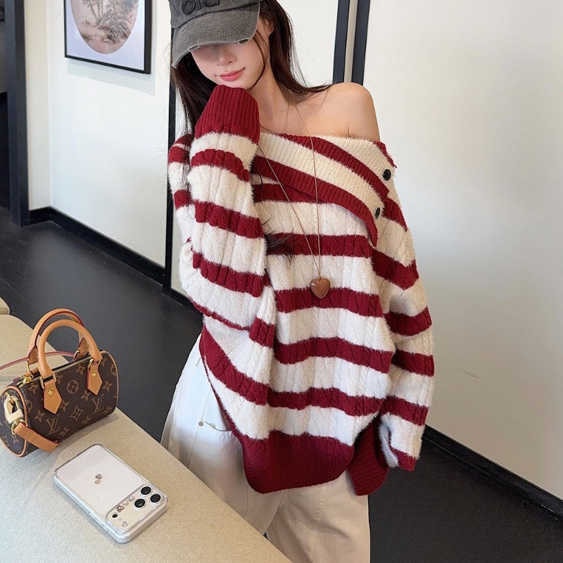 Cross-border French-style irregular shoulder striped sweater for women, autumn and winter loose off-shoulder lazy style knitted faux mink fur top