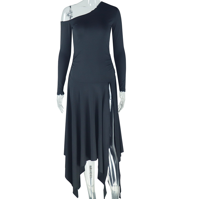 Personality Slim Fit Solid Color Women Asymmetric dress Shoulder off Shoulder Collar Long Sleeve Mid Length Dress
