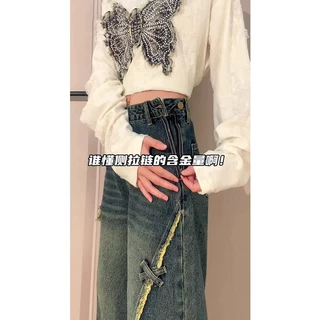 美式复古侧边拉链蝴蝶结牛仔裤女春秋胖mm大码宽松显瘦直筒阔腿裤