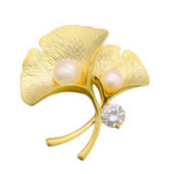 Broche de perlas de agua dulce natural hoja de ginkgo oro textura mate esmerilado simple traje elegante accesorios ramillete femenino image 5