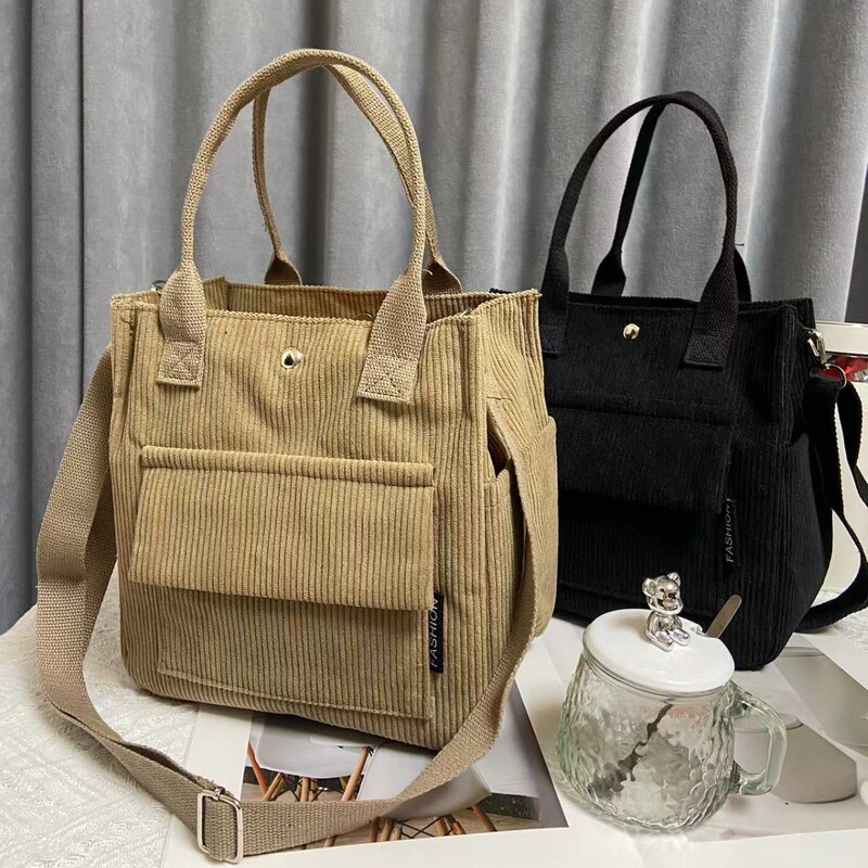 Original Style Corduroy Multi-Pocket Hand Carrying Crossbody Tote Bag Student Simple All-Match Portable Lunch Box Bag