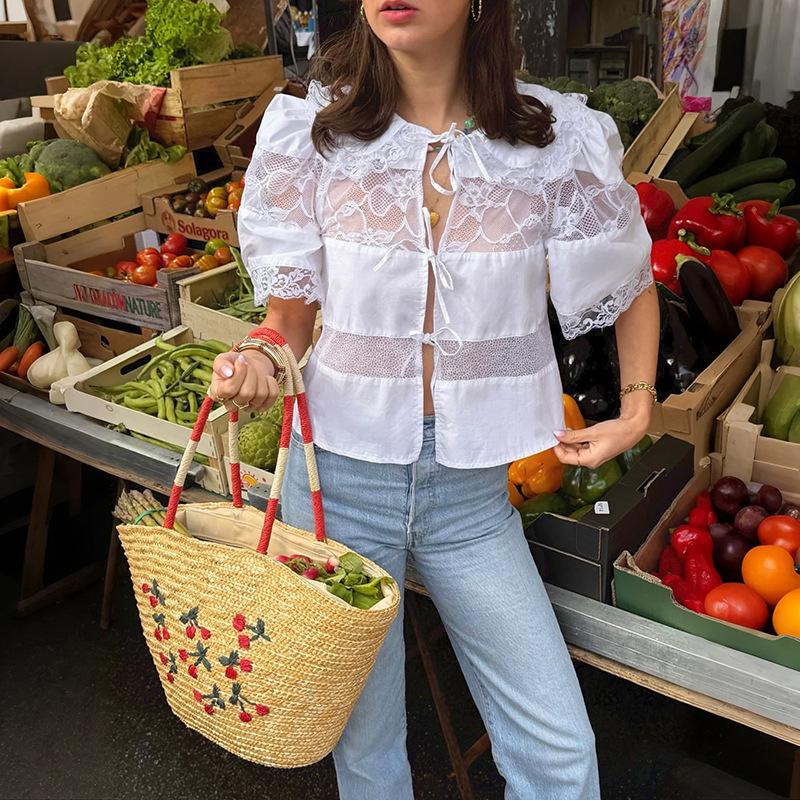 French-Style Niche 2026 Summer Exquisite Vintage Lace Patchwork Tie-Neck Silhouette Short Shirt 26595