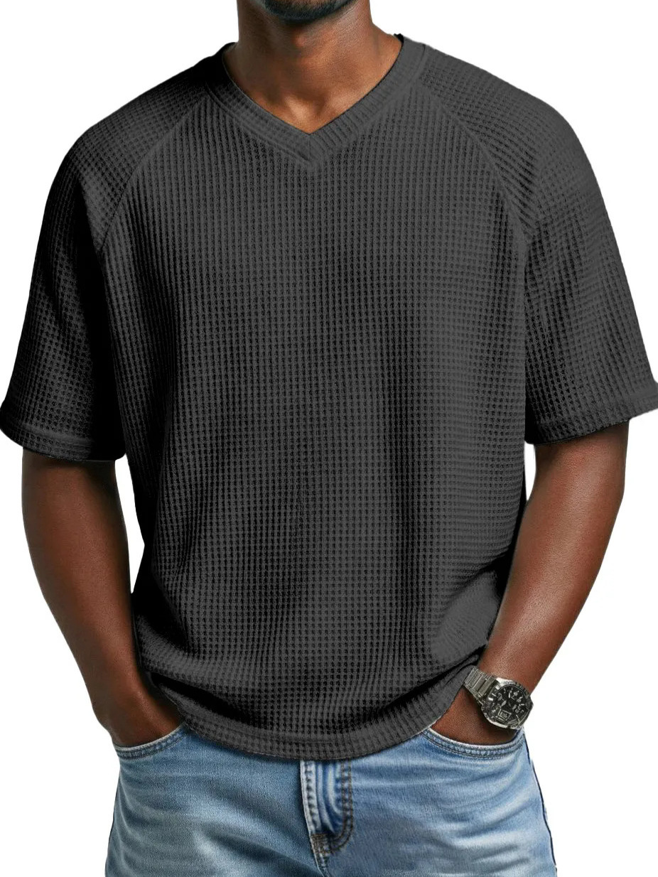 2026 Europa y América primavera y verano estación independiente transfronteriza hombre moda waffle de punto mangas de hombro de cuello en V camiseta de hombre de mangas cortas