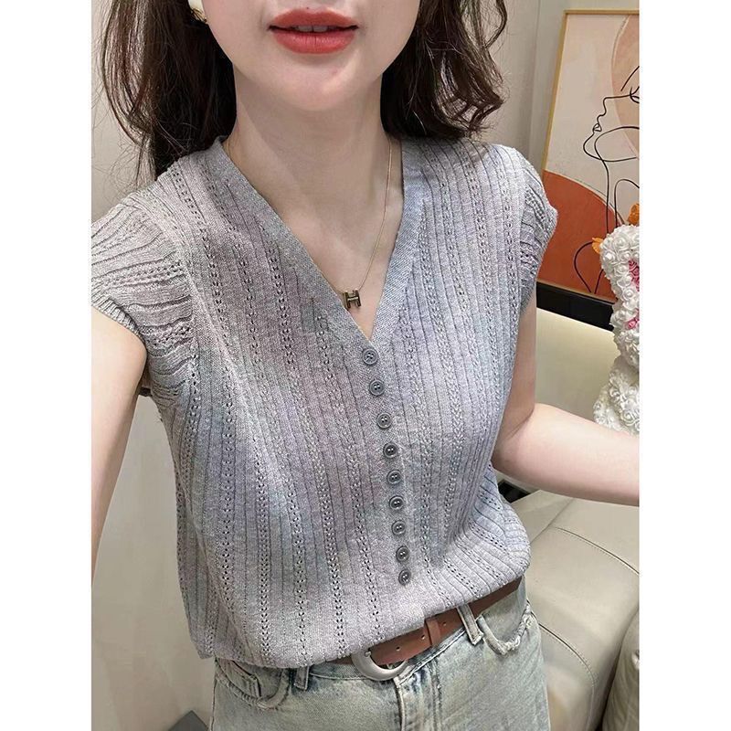 Off-Shoulder Hollow Collar Short-Sleeved Sweater for Women Summer New Single-Breasted Loose Fashionable Casual Slimming Top