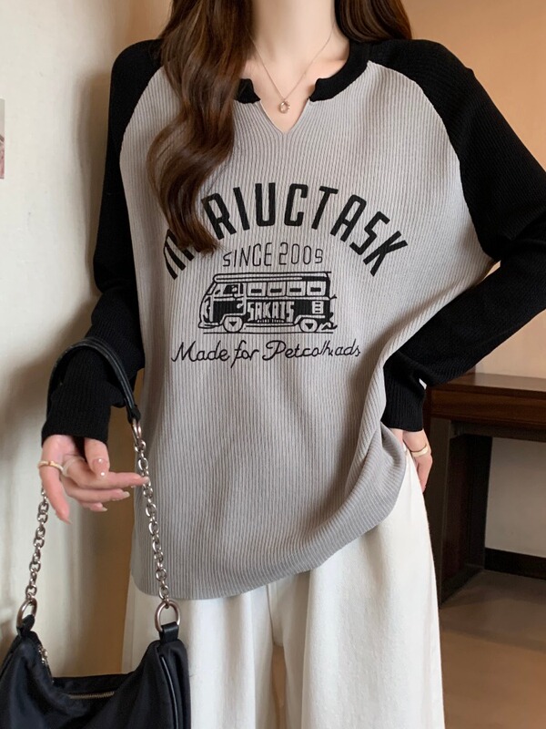 秋季大码时尚正肩V领长袖T恤女秋冬胖mm感显瘦遮肚炸街针织上衣|undefined