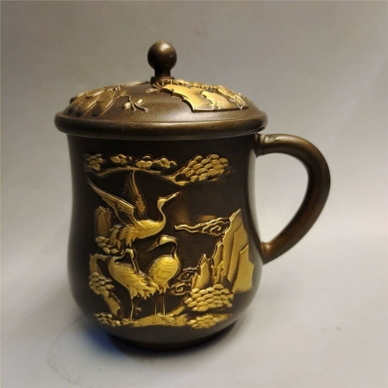 Винтажная позолоченная старая чашка для чая в форме лопатки с сосным журавлем и чайник, украшение в виде звезды, чайник, латунная чашка для чая, украшение для дома, гостиной