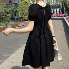 小个子黑色连衣裙女短款夏季新款法式方领赫本风小黑裙蝴蝶结裙子