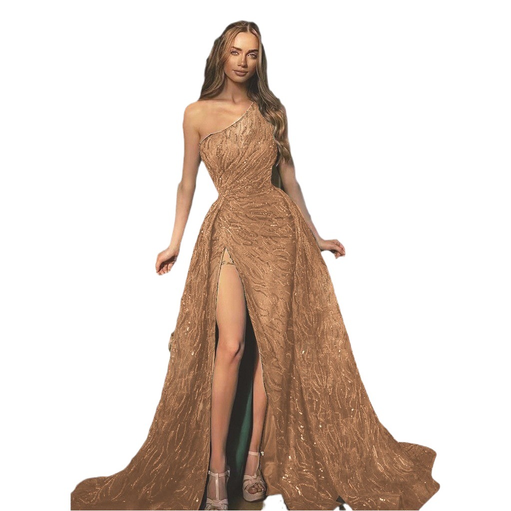 Vestido largo de noche con tirantes de lentejuelas, estilo europeo y americano, novedad de primavera-verano 2025, con hombros descubiertos y abertura lateral, ideal para eventos.