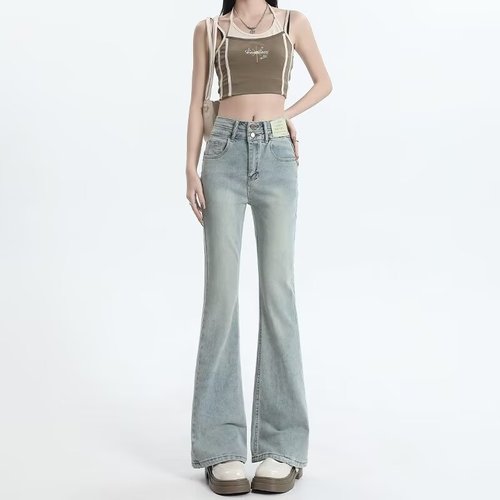 Women's Spring and Autumn Straight Leg Jeans, Lightweight Trendy Brand Slim High-Waisted Narrow Wide Leg Pants