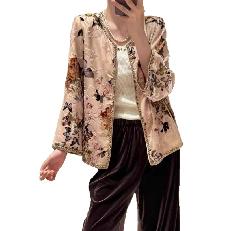 2025南油批发新款篙及感真丝丝绒烧花绣珠链外套上衣女不退不换|undefined