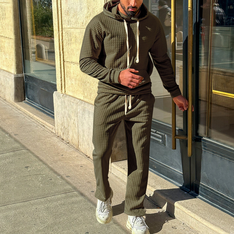 Independent autumn and winter men's jacquard small grid hooded sweatshirt, long pants, casual sports suit_voghion.com