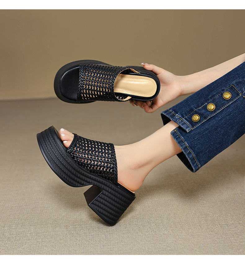 Sandal cao gót nữ đế dày phong cách La Mã, mũi hở, quai đan lộng lẫy — màu đen, màu trắng ngà chi tiết 5