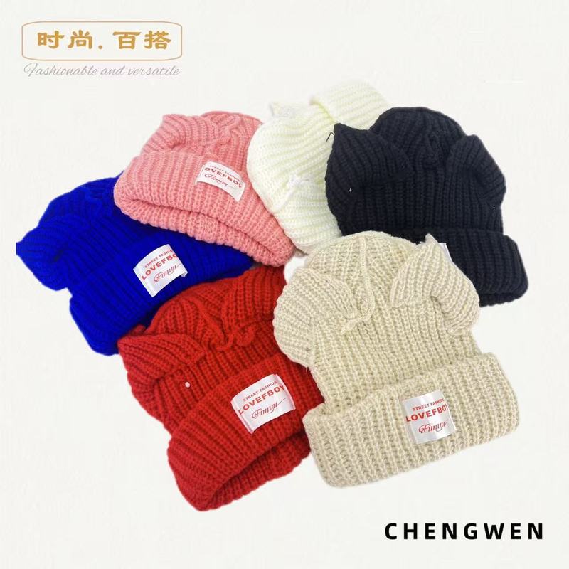 猪猪耳朵毛线帽子女秋冬季纯色加厚护耳保暖针织帽狐狸耳朵套头帽|undefined