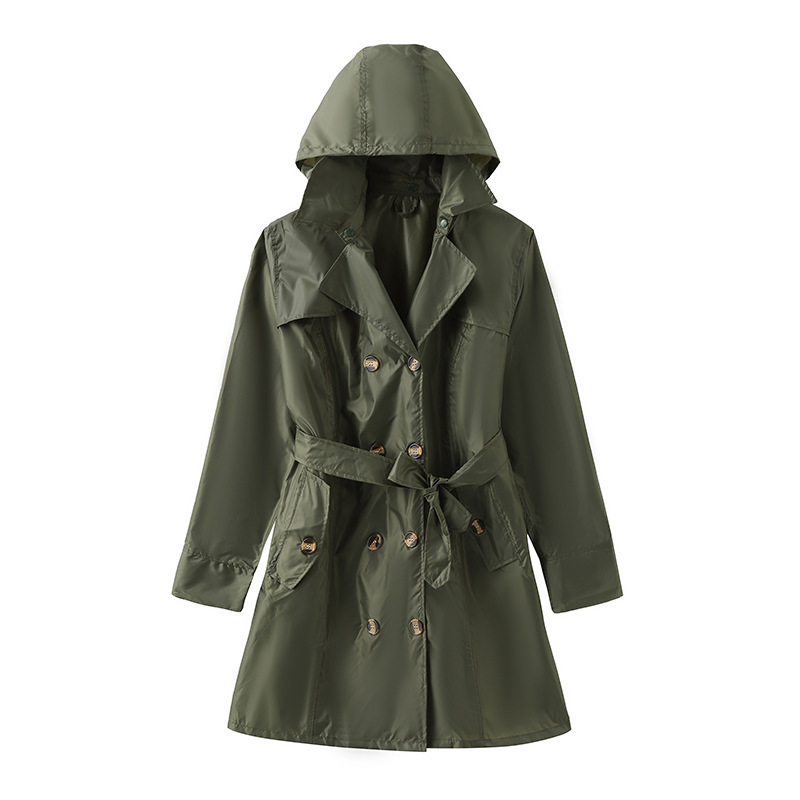 New Fashion Raincoat Women's Foreign Trade Solid Color Hooded Rain-proof Jacket Double-breasted Long Windbreaker Slim-fit Belt Raincoat