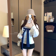 【自家工厂现货】白色T恤女秋季修身罩衫上衣叠穿条纹抹胸两件套