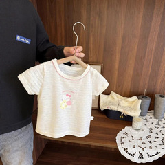 透气薄款细针织上衣女婴儿夏季女宝宝新款女童彩条纹短袖T恤休闲