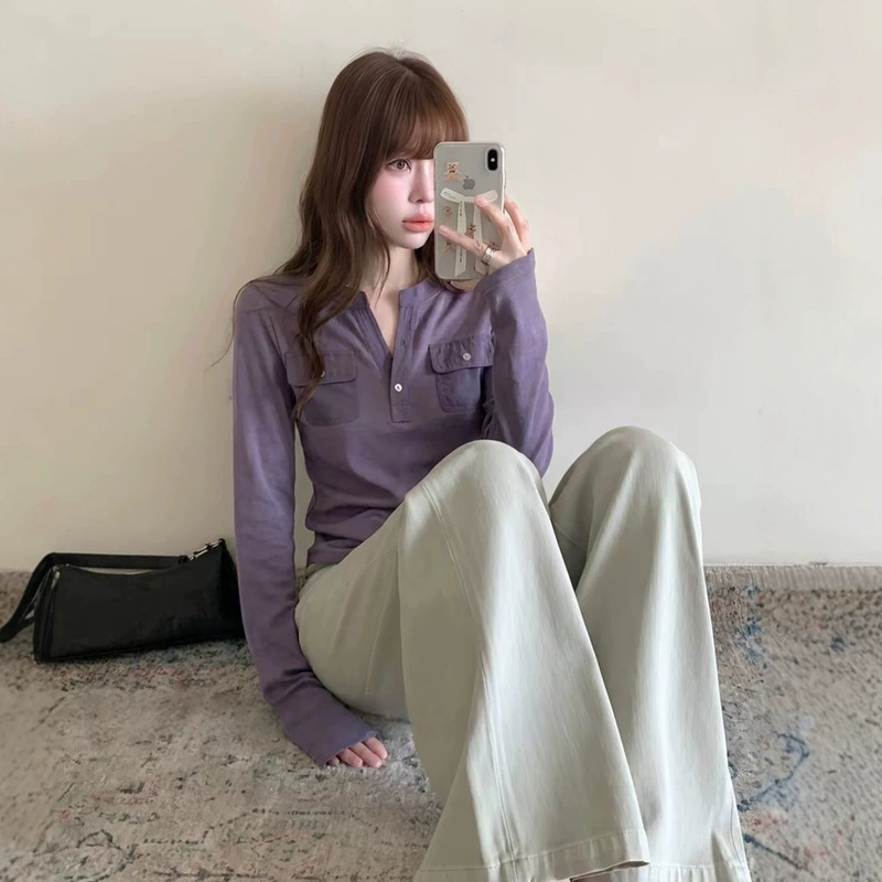 XIXI 2026/AW Almond Dew Henley Collar Soft and Comfortable Double-Pocket Purple T-Shirt Long Sleeve Elegant Top XIXI 2026/AW Almond Dew Henley Collar Soft and Comfortable Double-Pocket Purple T-Shirt Long Sleeve Elegant Top