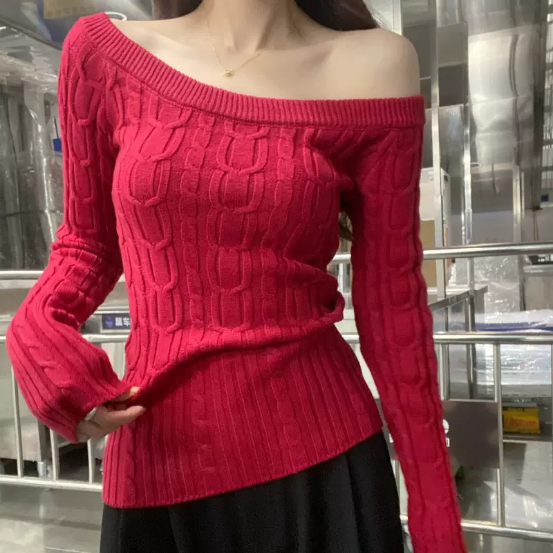 实拍实价 辣妹斜肩小众复古麻花毛衣修身露肩打底上衣潮