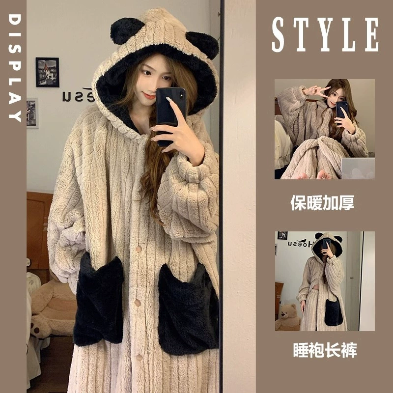 Ночная одежда женский зимний полосатый длинный свободный с капюшоном медведь уши бархат толстый халат коралловый бархат пижамы брюки