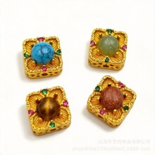 高保色铜镀沙金镂空镶绿松石虎眼石碧玉通孔隔珠 DIY手链饰品配件