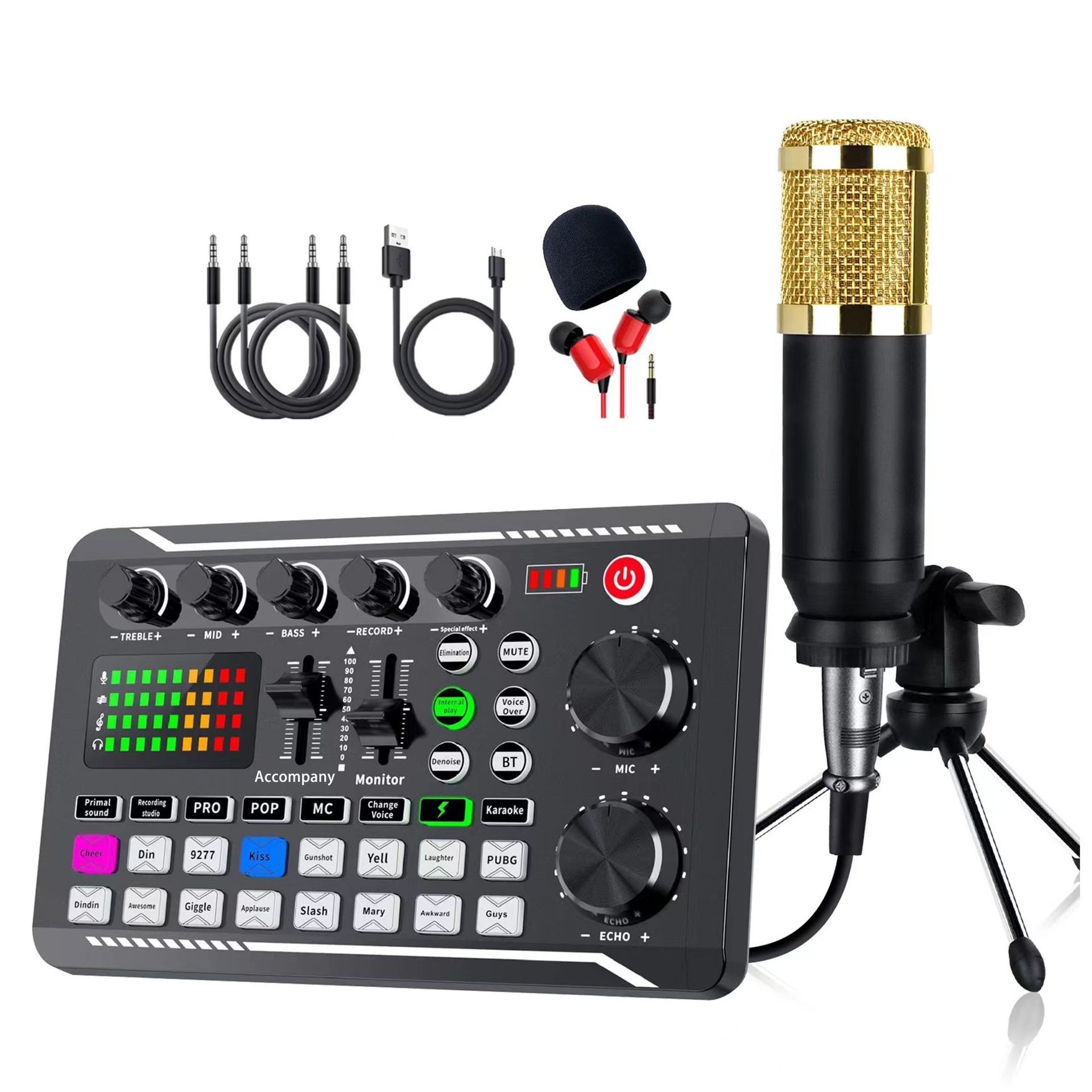 El conjunto de tarjeta de sonido de transmisión en vivo profesional en inglés F998 puede combinarse con el conjunto de soporte en voladizo del micrófono BM800