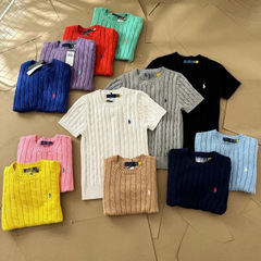 オリジナル版、オリジナルラベル、QRコード付き RLラフ 半袖ニット 刺繍入り ツイストニット ラウンドネック ポニーロゴ入りトップス