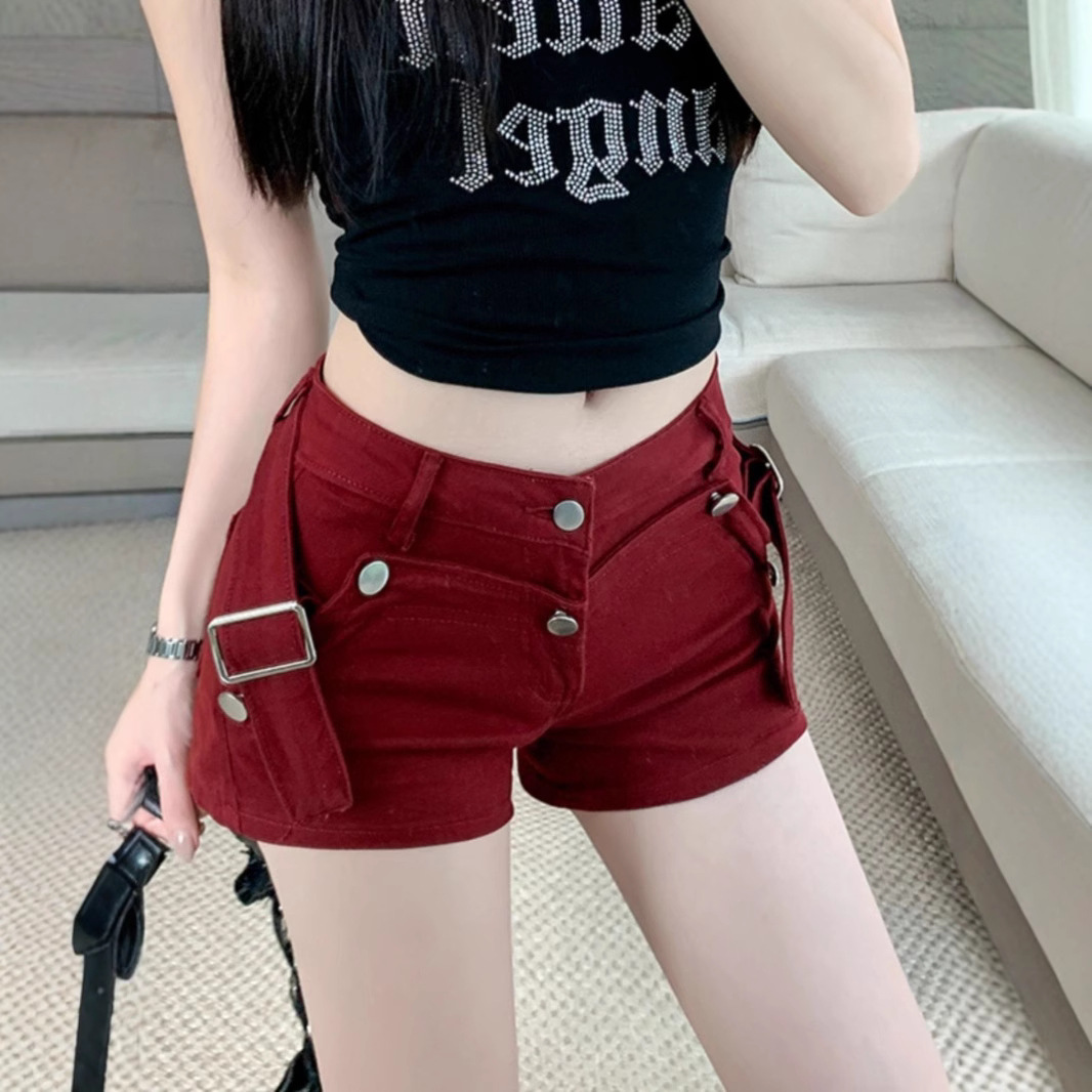아메리칸 핫걸 레드 디자인 데님 반바지 여성용 신형 신축성 있는 로우 웨이스트 다용도 기질 힙 커버 핫팬츠