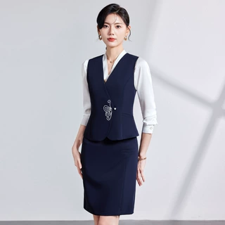 新中式马甲背心女旗袍扣马夹裤子裙套装职业装酒店餐厅工作服制服